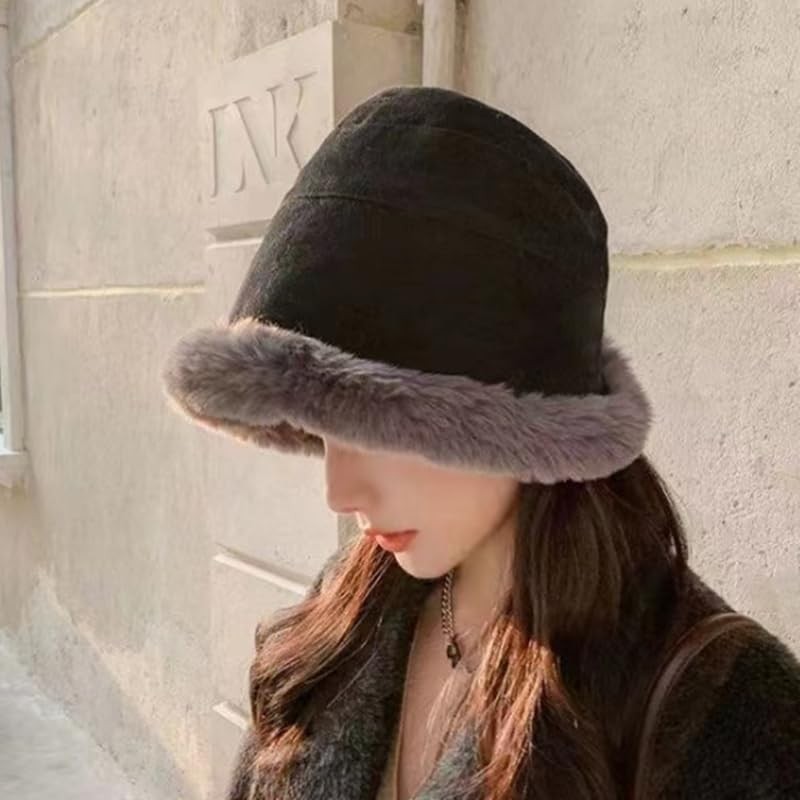 88flix Women's Bucket Hat, Fluffy, Korean, Small Face, Cold Protection,