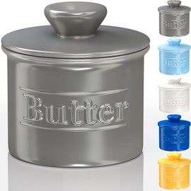 Beautiful Butter Crock for Counter with Water Line - Butter Keeper with Lid - Original French Butter Dish for Spreadable Butter - 100% Premium Ceramic - Keeps Butter Fresh and Creamy - Gray
