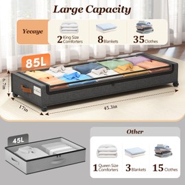 Yecaye Under Bed Storage with Wheels, 85L Large Capacity Under Bed Storage Containers with Metal Frame & Clear Lid, Rolling Underbed Organizer Bins Drawers for Clothes, Shoes, Blankets, Grey