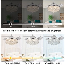 DuMaiWay 36" Dimmable Ceiling Fan Chandelier with Lights and Remote, Fandelier, Crystal Ceiling Fan Retractable Invisible Blade LED Lighting for Bedroom Living Room 6 Speed Chrome