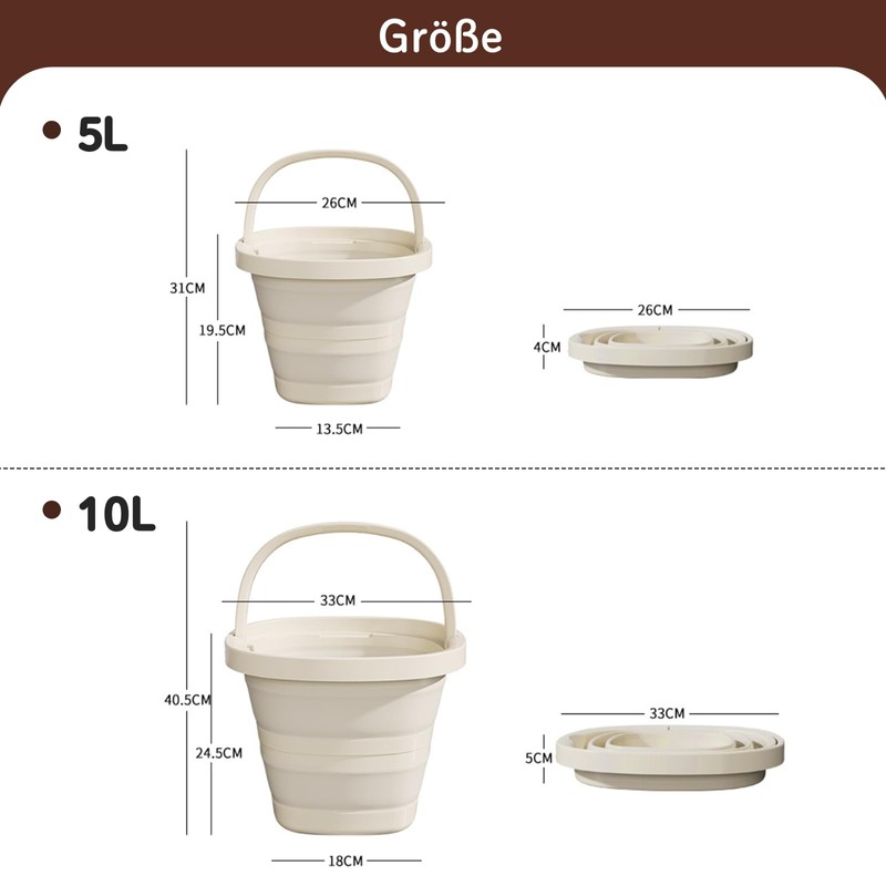 Foldable Bucket, 5L/10L, PP + TPR Material, White, Space-Saving, Foldable