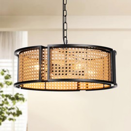 SupMaka 17.7" Farmhouse Rattan Chandelier, 4-Light Large Bohemian Pendant Hanging Light Fixture, Hand Woven Boho Chandelier for Dining Room, Living Room, Kitchen Island, Bedroom, Hallway, Foyer