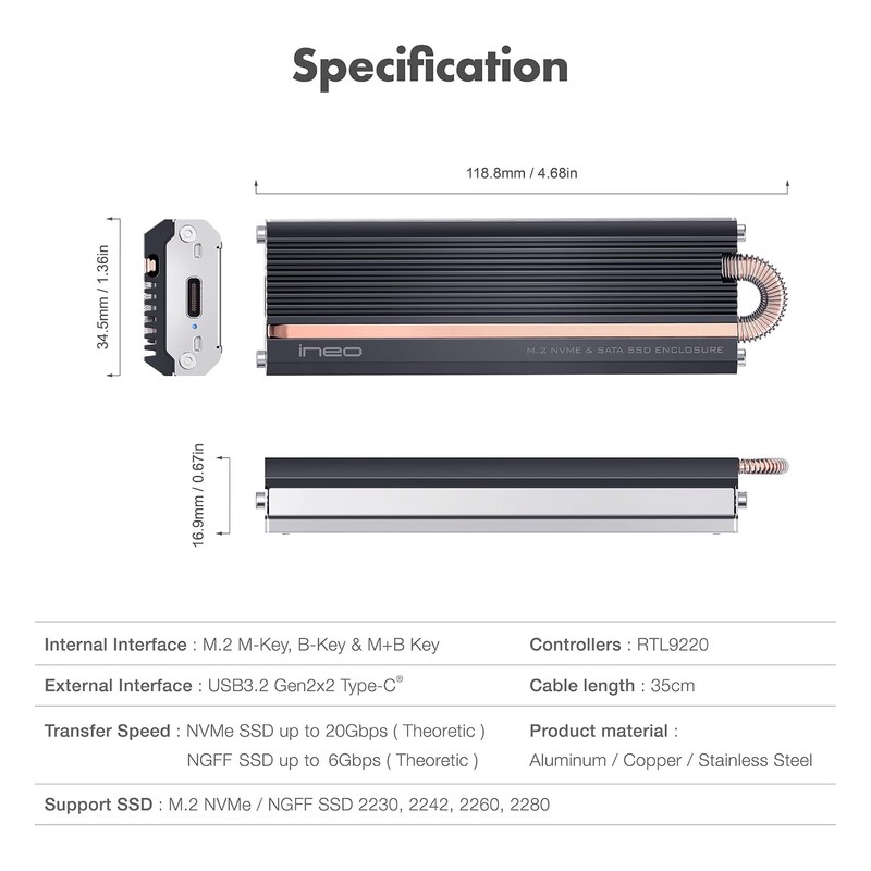 ineo M.2 NVMe SSD Enclosure with Embedded Copper Column Cooling,