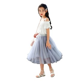 Mud Kingdom Girls Long Skirt Tulle Puffy Elastic Waist A-Line Skirts for Little Girl Grey 6 Years