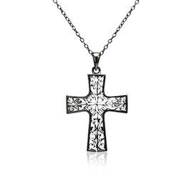 Hoops & Loops Black Flashed Sterling Silver Two-Tone Diamond-cut Filigree Cross Pendant Necklace