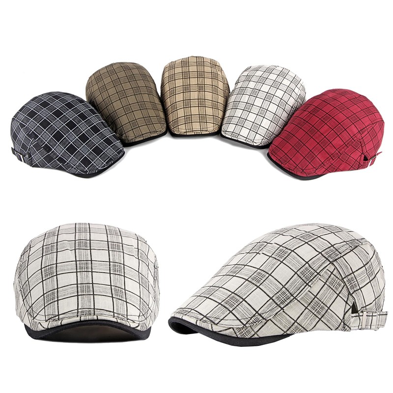 Rayson Flat Cap Men's Beret Cap Checked Adjustable Beret Hat