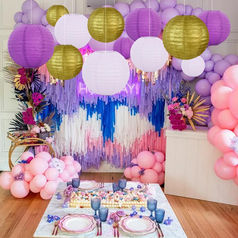 BEISHIDA 16 Pcs Purple Gold Paper Lanterns,Hanging Decorative Chinese Japanese