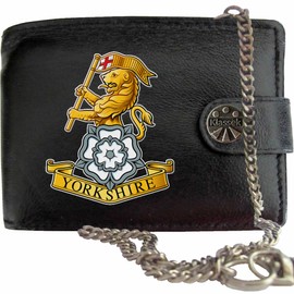 Klassek The Yorkshire Regiment Image Men Chain Wallet Real Leather Cap Badge Emblem Military Crest Insignia RFID Blocking with Coin Pocket and Metal Gift Box