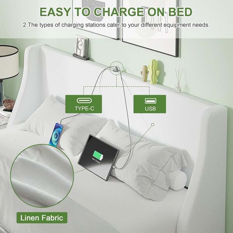 VECELO Queen Bed Frame with Upholstered Wingback Headboard, Heavy-Duty Platform