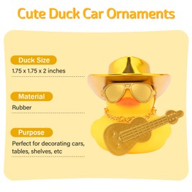 wonuu Cowboy Hat Car Rubber Ducks, Dashboard Decorations Rubber Ducky for Car Ornament Cute Duck with Hat, Glasses, Necklace, Mini Guitar, Gold