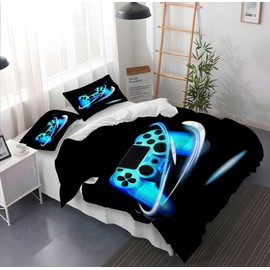 Leleyouzer 3D Children's Gamepad Bed Linen Set, Modern Gamer Bed Linen for Boys, 1 Microfibre Duvet Cover with Zip and 2 Pillowcases 50 x 75 cm (Gamer 1, 135 x 200 cm)