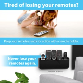 TotalMount Hole-Free Remote Holder – Eliminates the Need to Drill Holes in Your Wall (Premium Black Remote Control Holder for 5 or 6 Remotes)