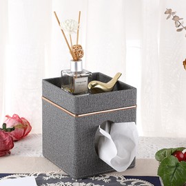 Sumnacon Tissue Box Cover Square Linen Tissue Box, Cube Tissue Box Holder with Top Tray, Stylish Tissue Cover for Bathroom Toilet Living Room Bedroom Table Desk Home Office Car Bar, Grey