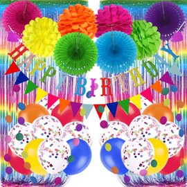 Recosis Birthday Party Decorations, Multicolored Party Decorations for Men Women, Happy Birthday Banner, Curtains, Paper Pompoms and Fans, Garland, Confetti Balloons for Birthday Party Decorations