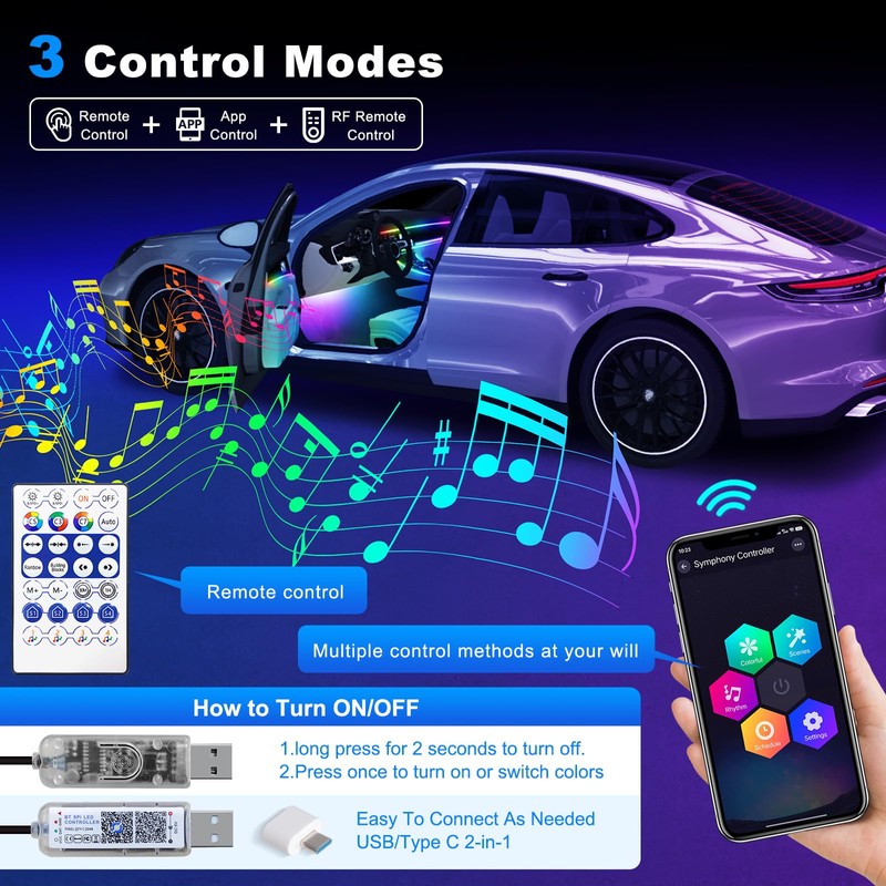 Acrylic Interior Car LED Strip Light with Wireless APP, 10