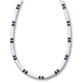 Native Treasure 16" Mens and Womens Summer Beach Surfer Necklace From the Philippines, Smooth White Clam Heishe Ark Shells and Black Coconut Beads