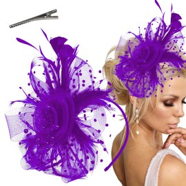 Fascinators Hats for Women Tea Party Headwear Tea Party Hats for Women Flower Mesh Ribbons Feathers Headband Hair Accessories (Purple)