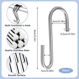Marine Aurora 20PCS Silver S Hooks for Hanging, Stainless Steel Metal S-Hooks, Heavy Duty S-Shaped Hook, Sturdy and Won't deform,Small S Hook for Kitchen Utensils, Bedroom, Office, Garden