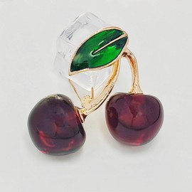 KINMOT Sweet Enamel Green Leaf Double Red Cherry Resin Brooch Pin