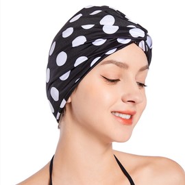 SUNTRADE Swimming Cap for Women Women Girls Long Short Hair Pleated Knotted Turban Hats Non Waterproof Swim Cap (Black White)