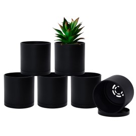 D'vine Dev 6 Pack 5 Inch Modern Plastic Plant Pots, Small Garden Planters for Plant with Drainage Holes and Saucers, Black Color, 74-Y-G-3