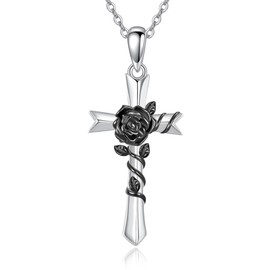 AOBOCO Cross Necklace for Women 925 Sterling Silver Black Rose Pendant for Mom Wife Christian Jewelry Birthday Gifts (Black Cross)