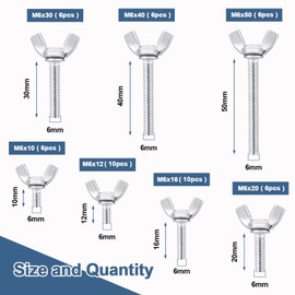 OCR 50 Pcs Wing Screws Assortment Kit, 304 Stainless Steel Butterfly Thumb Screw, Metric M6 Wing Bolt Fasteners