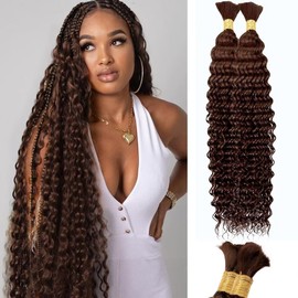 Human Braiding Hair Deep Water Wave Bulk 100g 20 Inch Color4 Curly for Boho Braids Extensions No Weft 2 Braids Per Pack Wet and Wavy Chocolate Brown