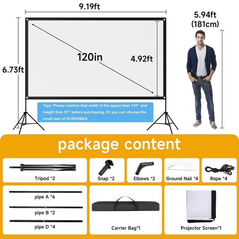 Outdoor Projector Screen with Stand, SCREENMAX 120 inch Foldable Projector