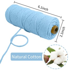 LEREATI Macrame Cord 2mm x 100m, Thick Macrame Rope Natural Cotton Rope Craft String, 3 Strand Twisted Cotton Cord Yarn for DIY Plant Hanger, Wall Hanging, Christmas Decoration (Sky blue)