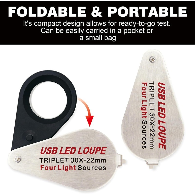 Rechargeable 30x Jewelers loupe with Light and Four Types of