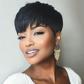 DOcute Short Black Bob Wig Straight Wig Short Wig With Bangs Short Pixie Wigs For Black Women Synthetic With Bangs Synthetic Wigs For Black Women (Black)