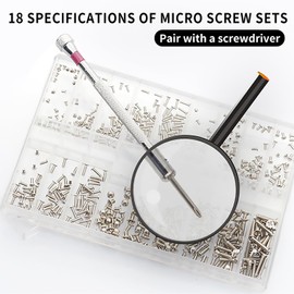 LZJPECES 500-Piece Silver Micro Screw Repair Kit 18-Size Stainless Steel Tiny Screws with Screwdriver for Glasses, Watches, Jewelry & Electronics