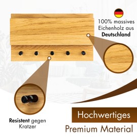 Heimatspäne Key Rack Wood with Shelf Solid Oak Wood High-Quality Black Stainless Steel Hooks Key Rack Modern Industrial Style Includes Mounting Accessories