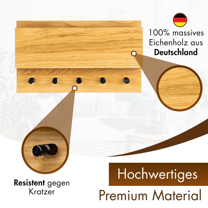 Heimatspäne Key Rack Wood with Shelf Solid Oak Wood High-Quality