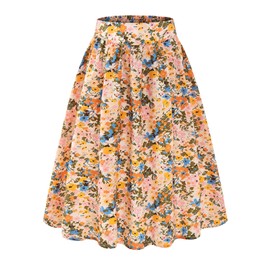 Bbonlinedress Women's Floral Print A-Line Knee-Length Summer Skirts Casual High Waist Midi Skirt Swing Casual Skirt, White Mixed Flower, M