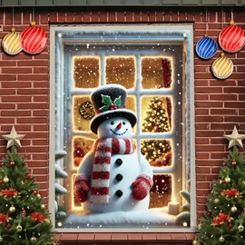 Saoplasa Christmas Party Banner 47x31 Inch Snowman Window Cover Holiday Decor Frosted Pane Scene with Top Hat Holly Red White Stripe Scarf Mittens Winter Wonderland Backdrop for Home Classroom Office