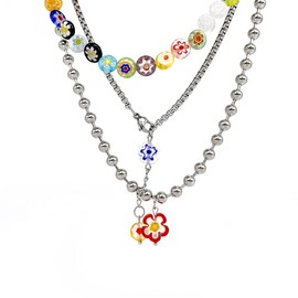Flower Choker Necklace Multilayer Layered 316 Titanium Steel Handmade Simple Fashion Trendy Boho Cute Pearl Colorful Daisy Beads Necklace for Women Teen Girls (Silver)