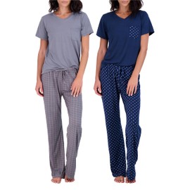 Real Essentials Women's Short Sleeve V-Neck Top and Drawstring Pant Pajama Set, Small, Pack of 2