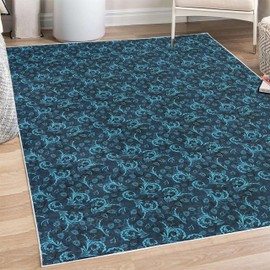 Ambesonne Blue Decorative Area Rug, Abstract Damask Inspired Curvy Flower Ornate Flourish Royal Revival Retro, Quality Carpet for Bedroom Dorm Living Room, 4' X 5' 5", Indigo Aqua