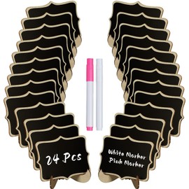 Uniclife 24 Pack Mini Chalkboard Signs for Food, Small Chalkboard Signs with Stands Chalk Markers & Replacement Stickers, Reusable Wooden Labels for Party Buffet Wedding, Blackboard Place Cards, Wavy