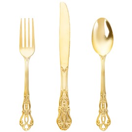 Joyido 90 Pieces Gold Plastic Silverware - Heavy Duty Gold Disposable Utensils - Fancy Gold Plastic Cutlery Set Includes 30 Forks, 30 Spoons, 30 Knives for Dinner Parties Weddings