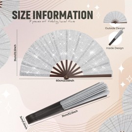 Wenqik 9 Pcs Large Glitter Rave Fan Valentine‘s Day Decoration Folding Hand Foldable Chinese Kung Fu Fan for Home Dance Club Festival Party Stage Performance Decoration(Silver)