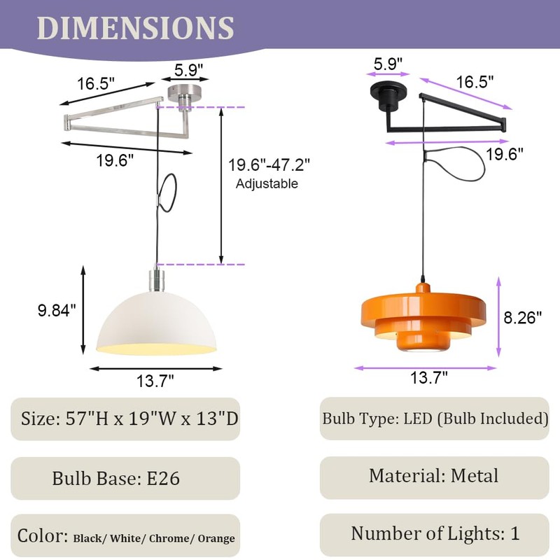 Meefad Adjustable Hanging Light Fixtures, Modern Swing Arm Pendant Light,