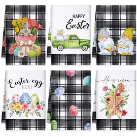 Geyoga 6 Pcs Easter Kitchen Towels for Easter Decor Easter Egg Bunny Dish Towel 16 x 24 He is Risen Religious Hand Towel Absorbent Tea Towel for Bathroom Cooking Baking Cleaning(Bright Color,Checked)