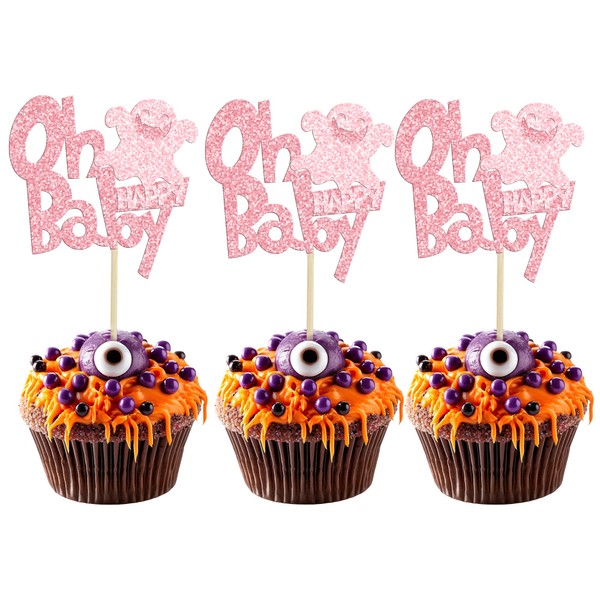 24 piezas de decoración de cupcakes Ghost Oh Baby con lazo de purpurina espeluznante para cupcakes para Halloween, fantasma, baby shower, niños, fiesta de cumpleaños, decoración de pasteles, suministros de fiesta, color rosa