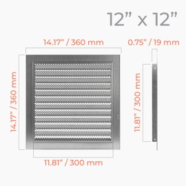 HVAC OV 12" x 12" Inch Galvanized Steel Vent Cover - Square Industrial Air Vent Louver for Wall, House, Garage - Wire Screen Mesh Louver Grille - Soffit Exhaust Vent, Dryer Vent Cover