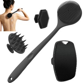 Set de 4 cepillos de baño de silicona: cepillo para la espalda con mango largo, cepillo para el cabello, cepillo con mango corto y cepillo facial; utensilios para frotar y masajear la espalda durante el baño (Black-2)