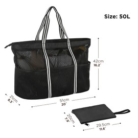 GAGAKU Beach Bag XXL Family Bath Bag Large Beach Bag with Zip Beach Bag Mesh Beach Bag for Beach Travel - Black/Grey/Green, 1_XXL_Black