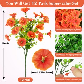 12 Bundles Fall Flowers Artificial for Decoration, Fake Flowers Artificial Plants Outdoor, Colorful Faux Morning Glory Realistic UV Resistant for Garden Patio Porch Home Decor (Orange)